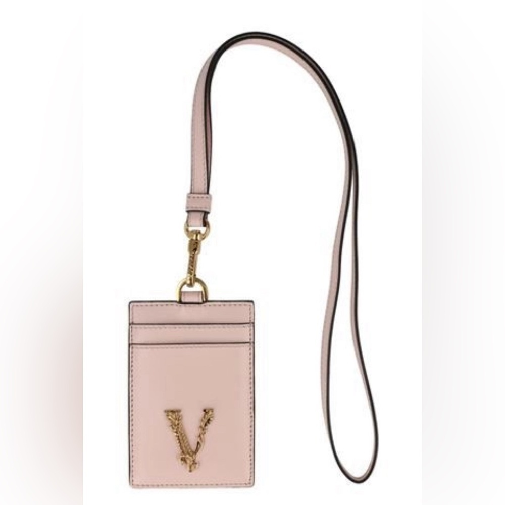 NEW VERSACE Light Pink & Gold Leather ID Card Lanyard with Box Dust Bag Tags
